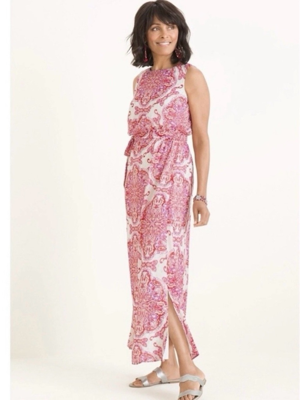 Chico's Summer Shine Dress‎ Metallic Printed White Maxi NWT Size US 20